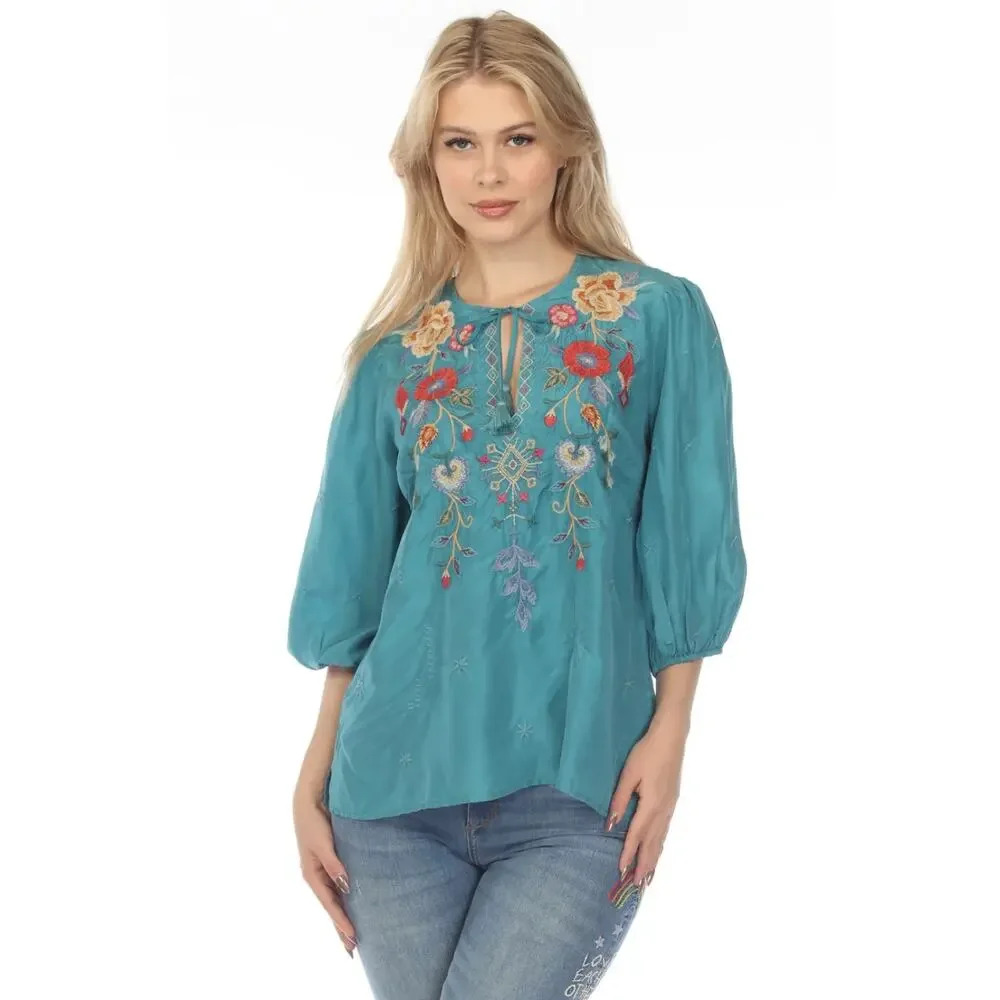 Johnny Was Workshop Taryn Flowy Tassel Silk Blouse Sea Stone Size L